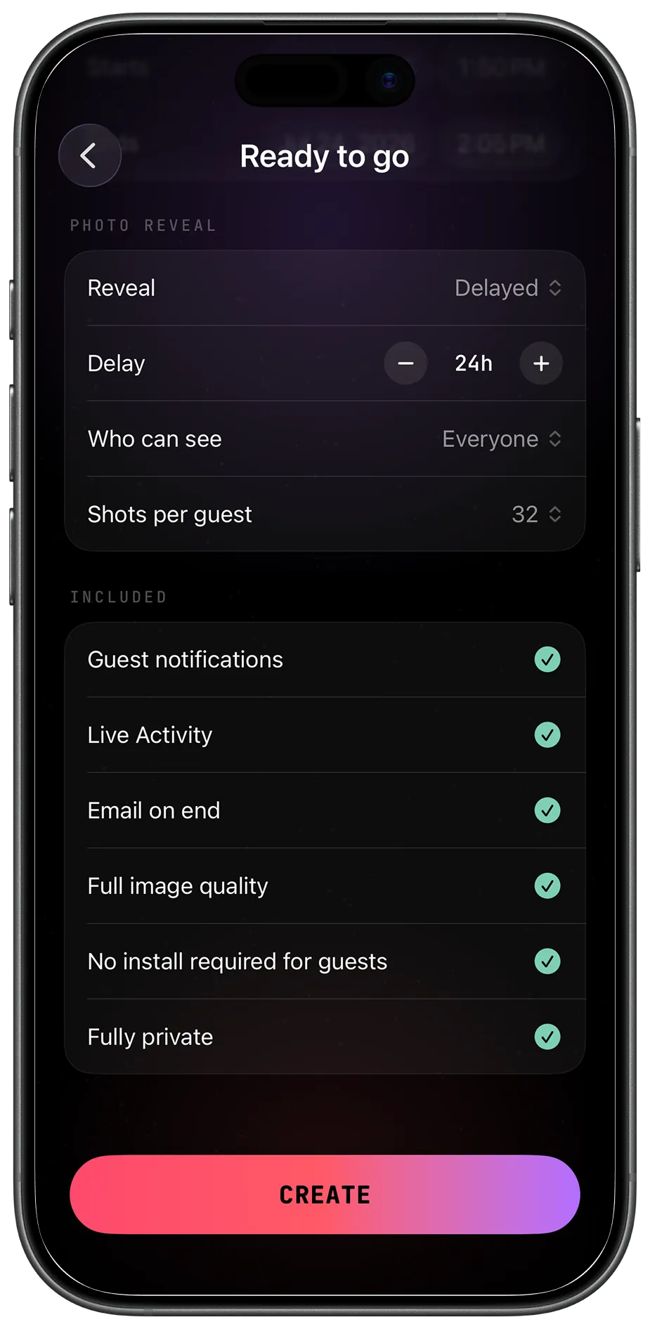 Event settings before creating