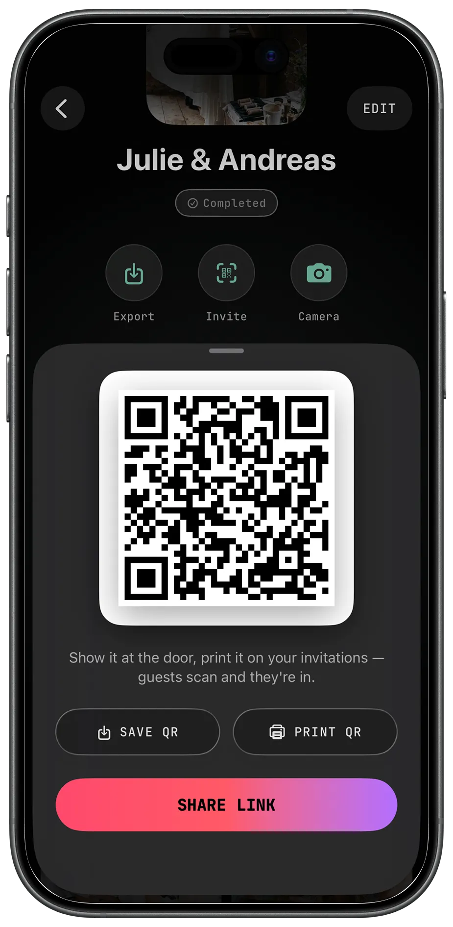 Sharing the event by QR code or link